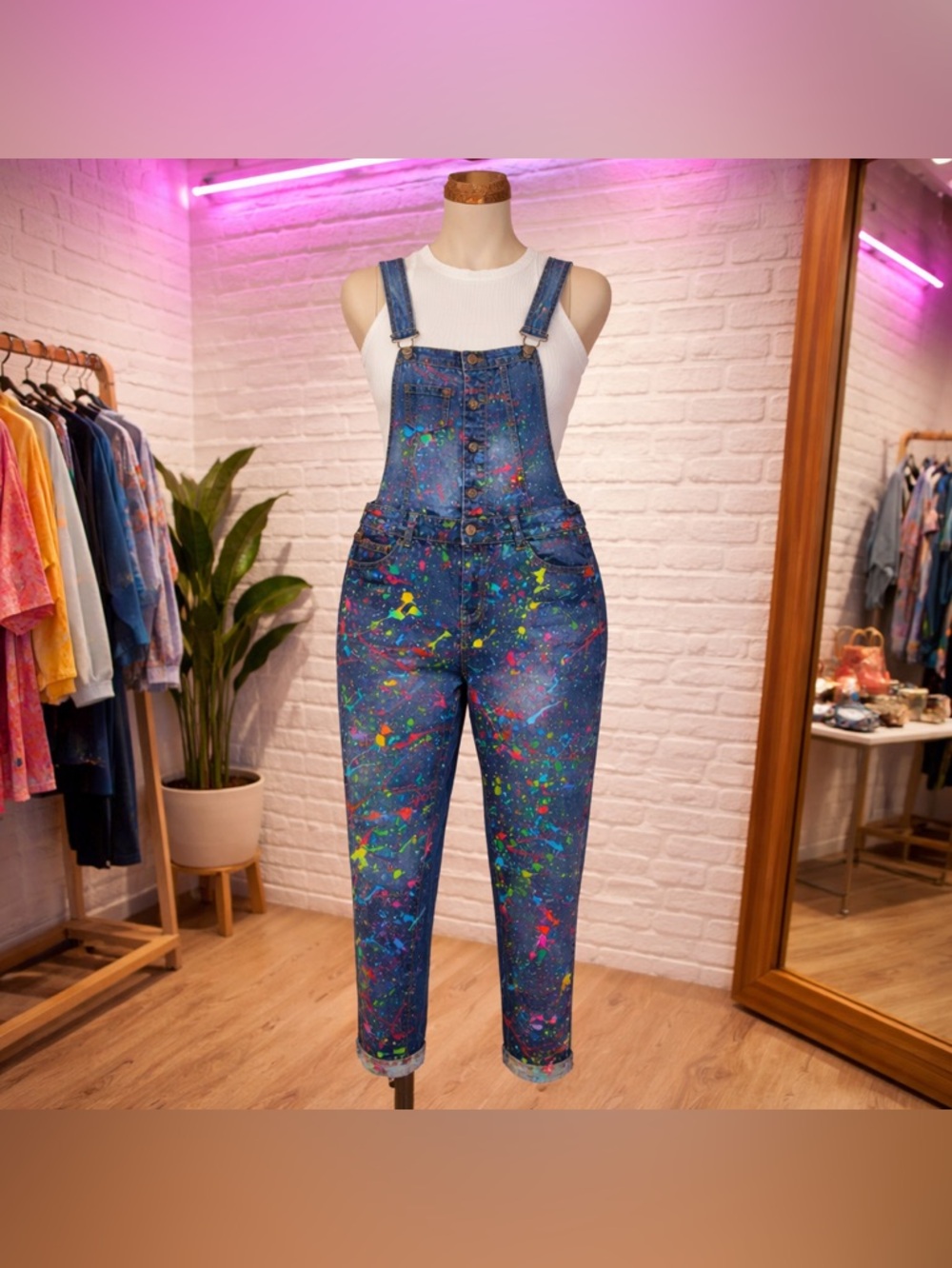 Wax Jeans Paint Splatter Skinny Overalls Blue Womens Size Small
